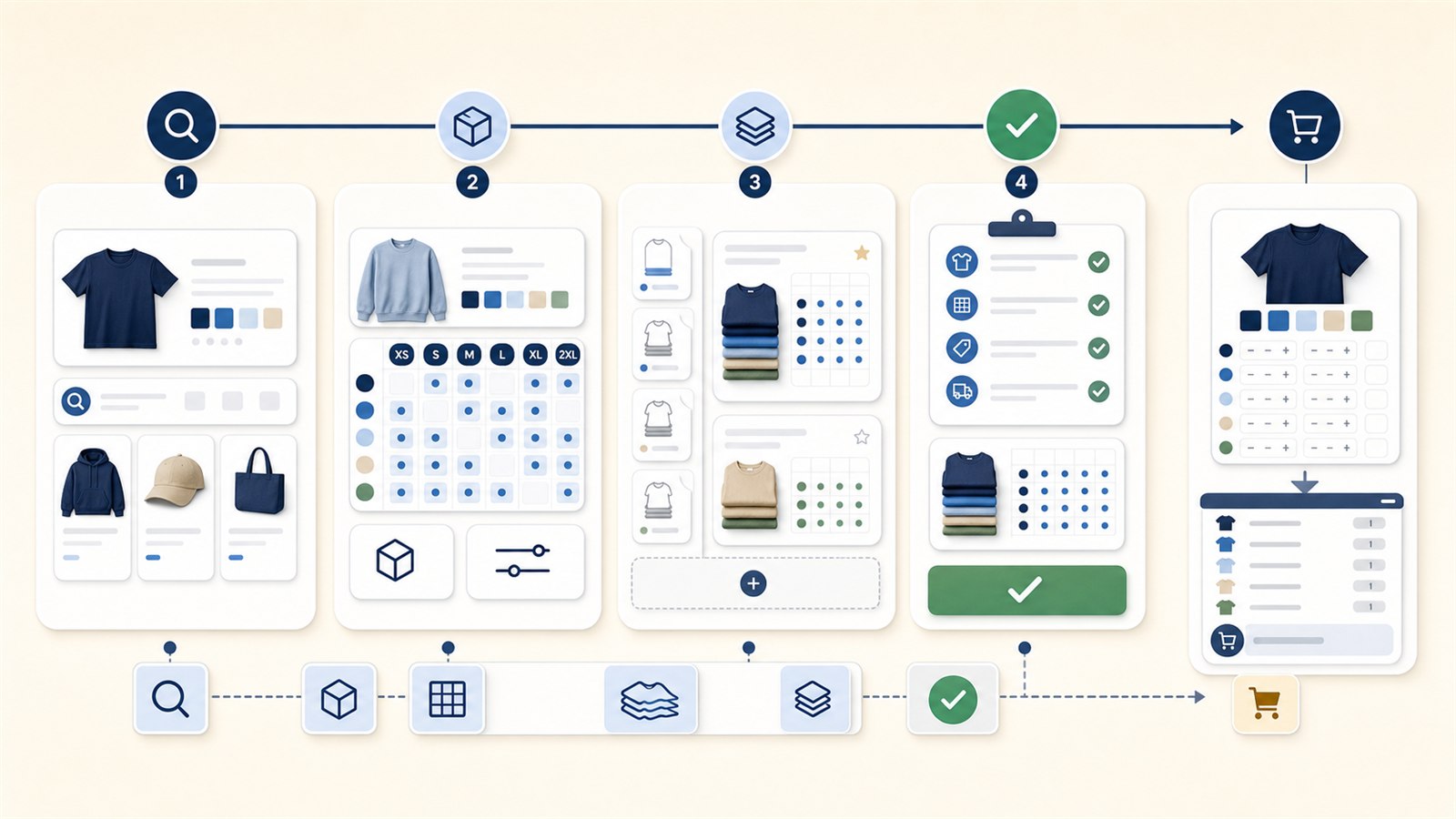 Generated documentation overview showing the operator setup journey from product search to buyer cart summary.