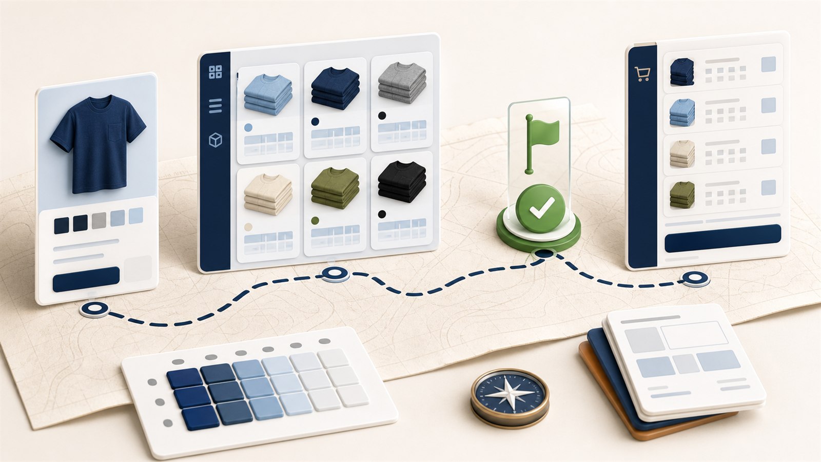 Illustrated PrepackFlow Atlas overview connecting product setup, pack templates, publish review, and cart summary.