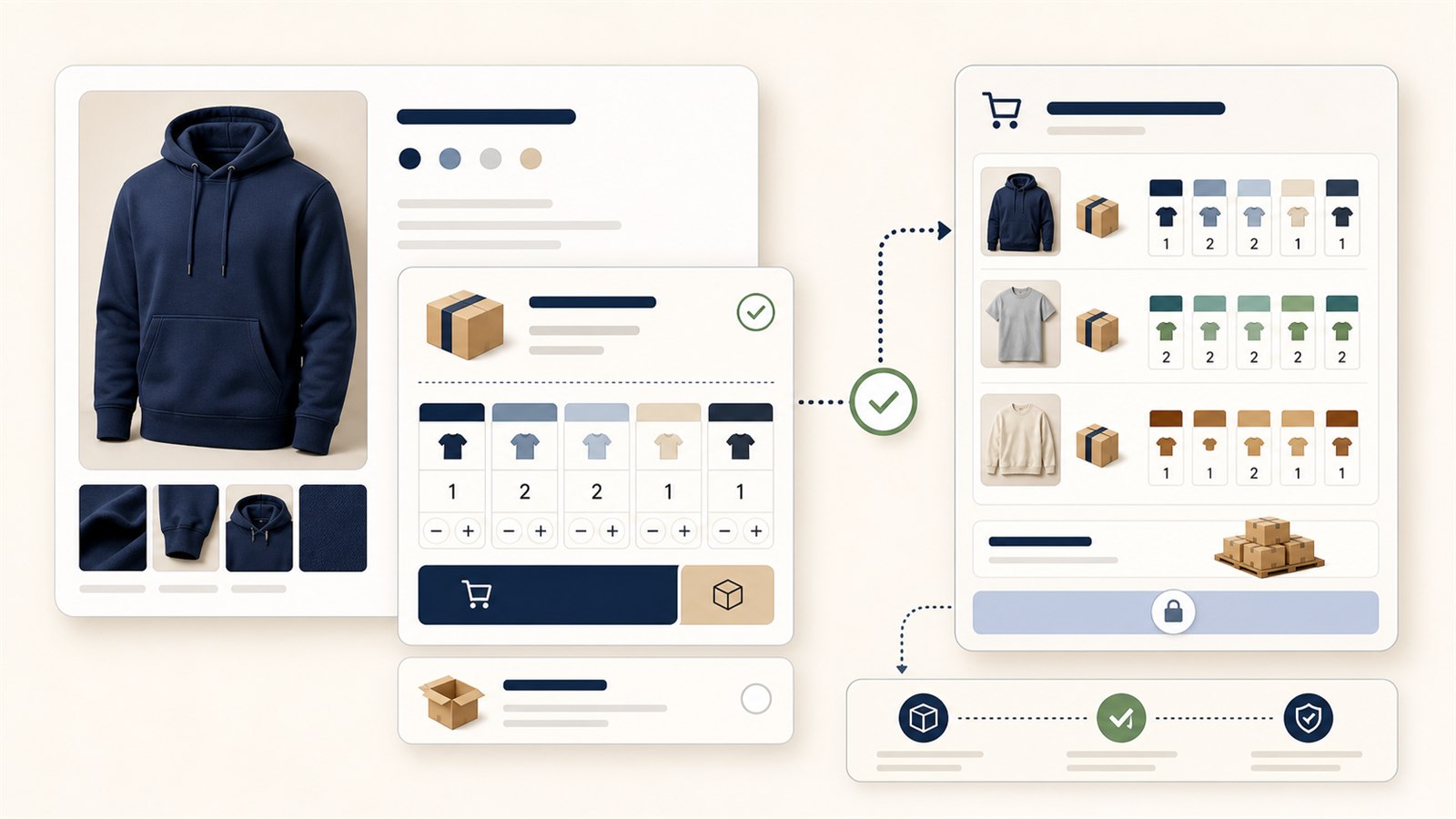 Illustrated storefront flow showing pack cards, size-run tiles, and a grouped cart summary.