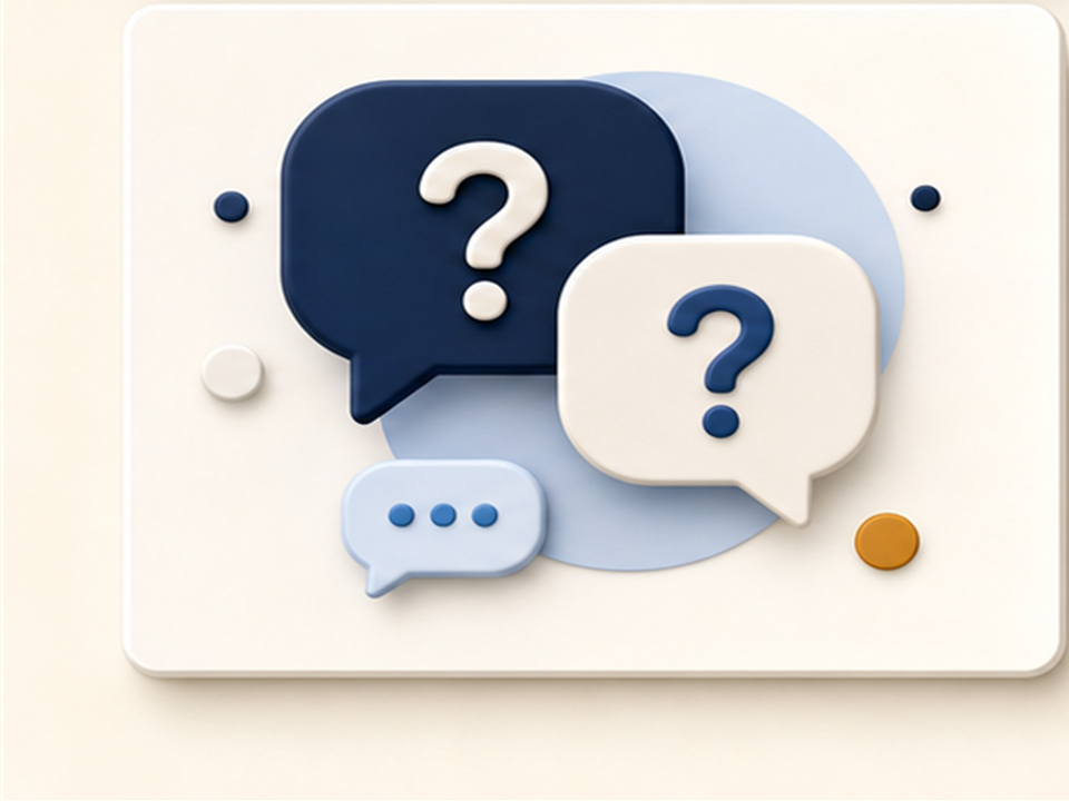 Generated FAQ illustration showing question bubbles around a support conversation.