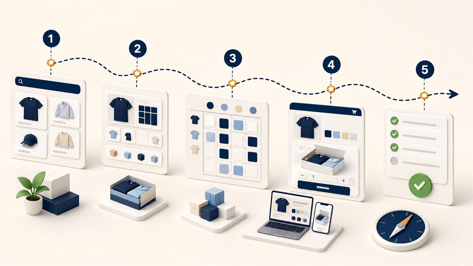 Generated tutorial overview showing product search, pack choice, size mapping, storefront preview, and publish readiness.