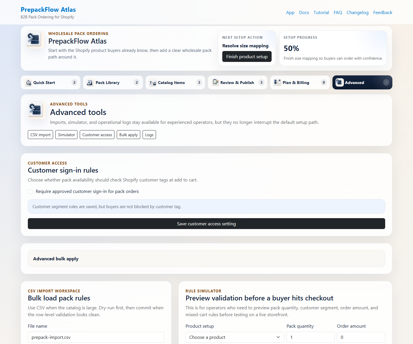 PrepackFlow Atlas advanced workspace with imports, simulator, customer access, bulk apply, and logs.