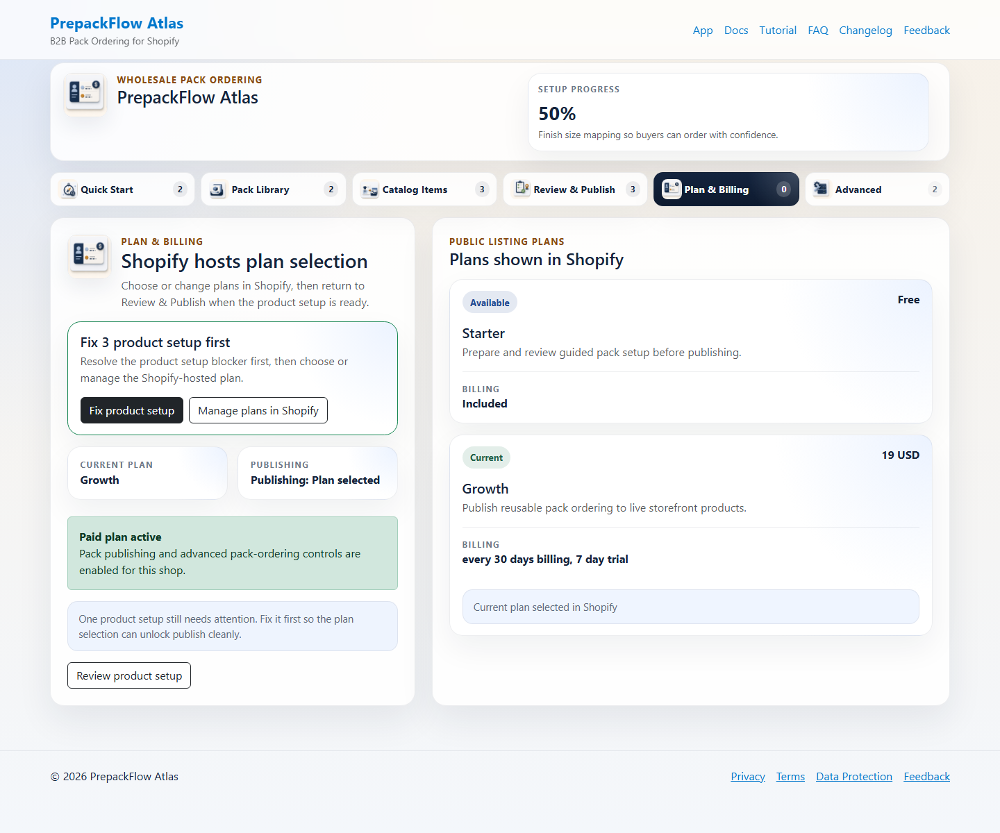 PrepackFlow Atlas Plan and Billing workspace showing Shopify-hosted plan selection guidance.
