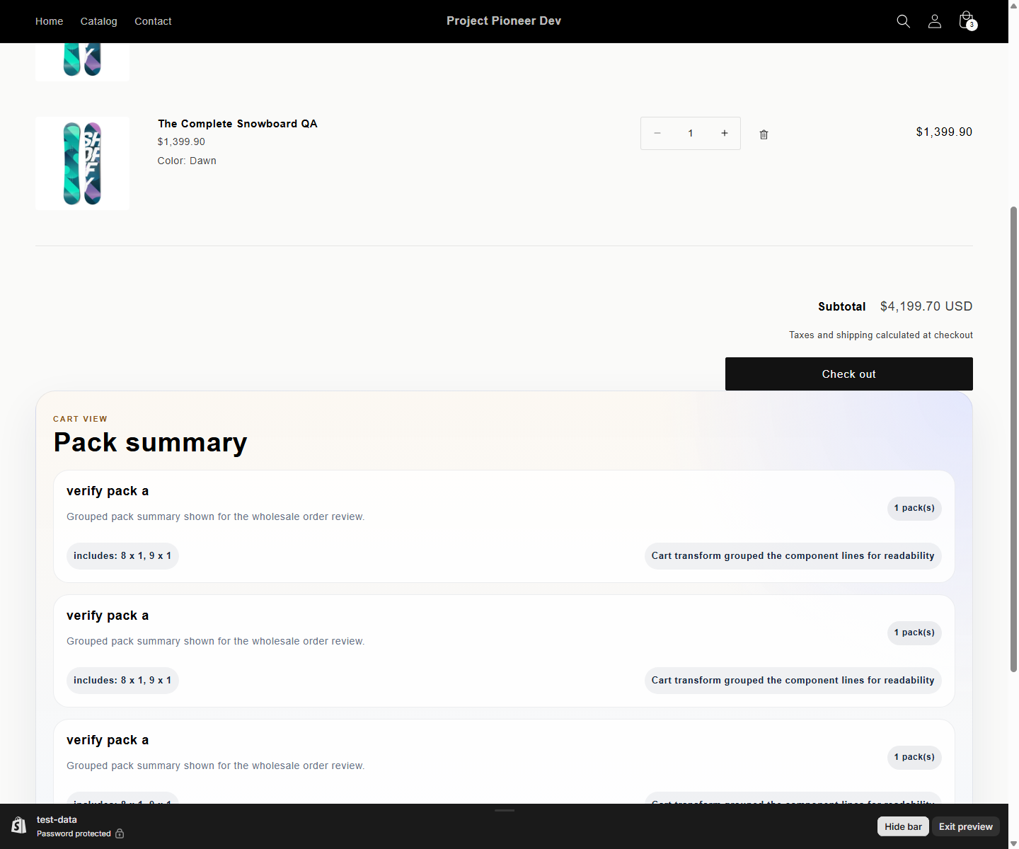 PrepackFlow Atlas cart summary with grouped pack details and order hints.