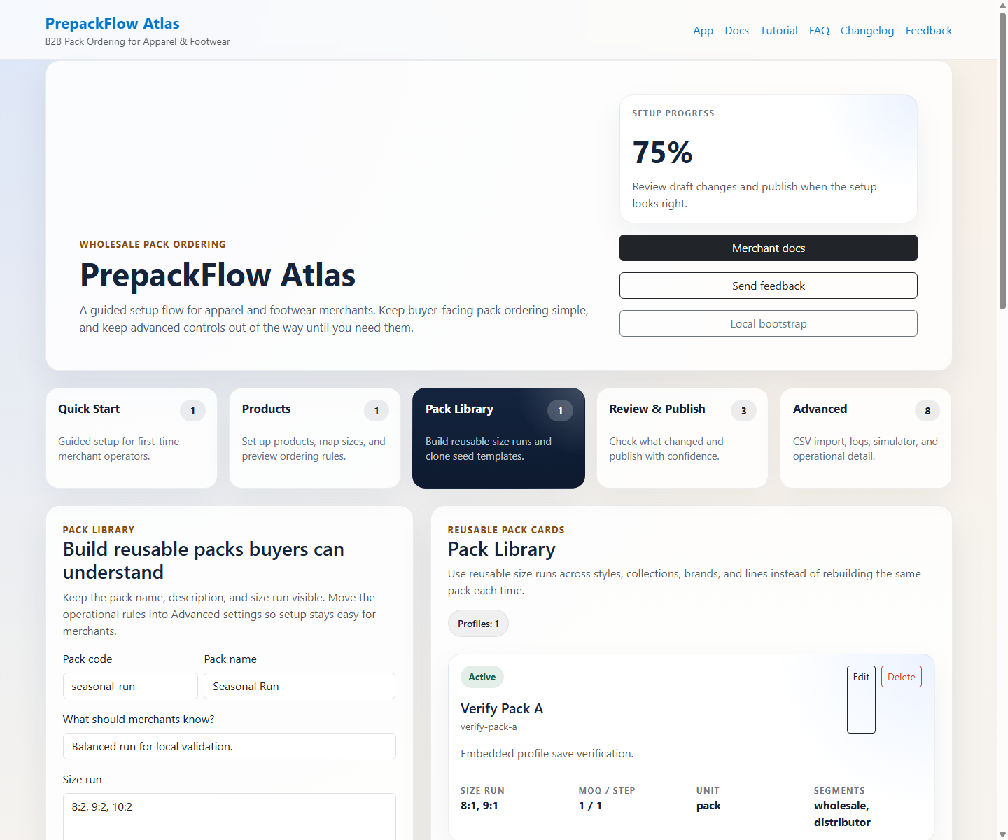 PrepackFlow Atlas pack library showing reusable pack cards and templates.