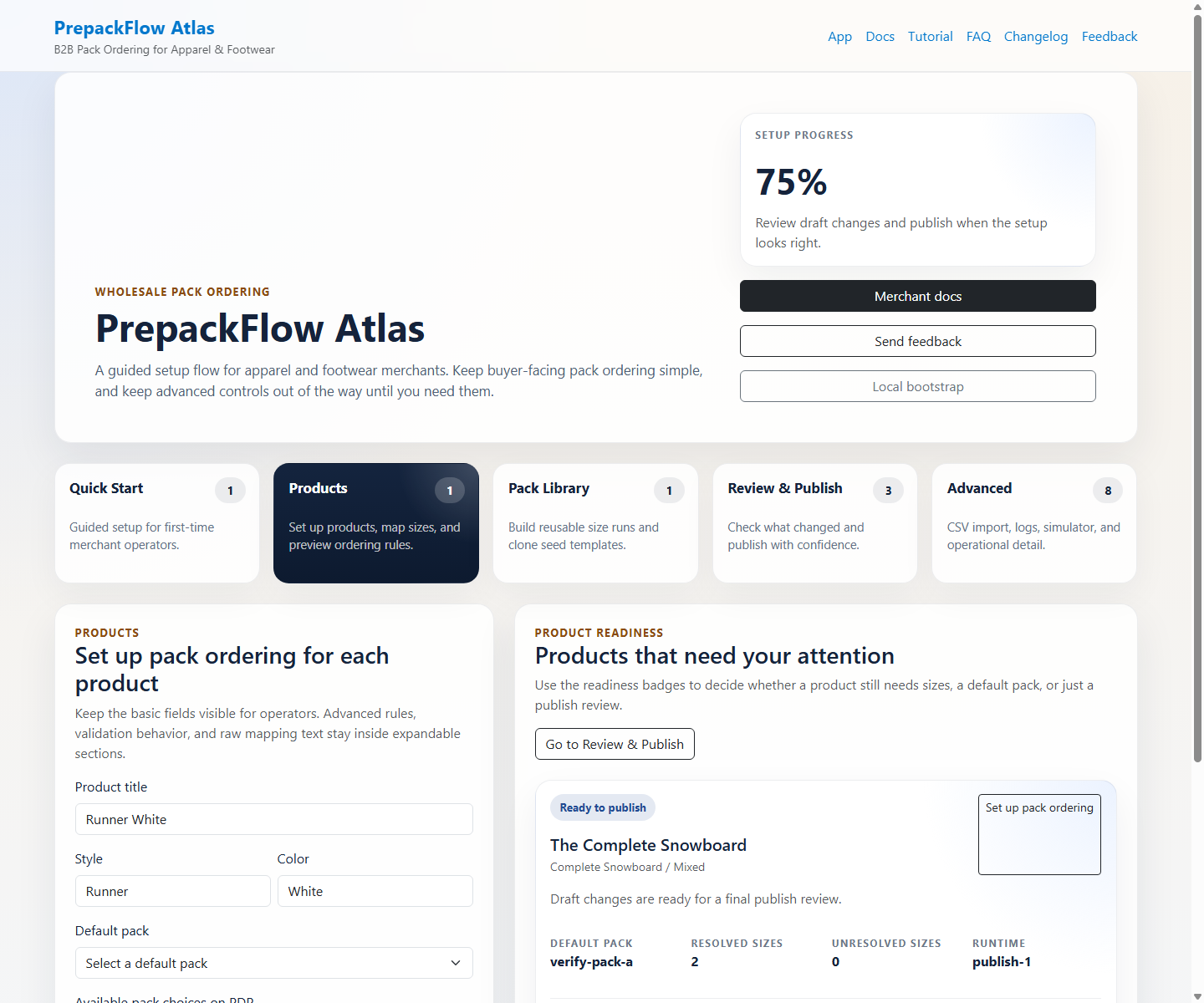 PrepackFlow Atlas products workspace used to prepare products for pack ordering.