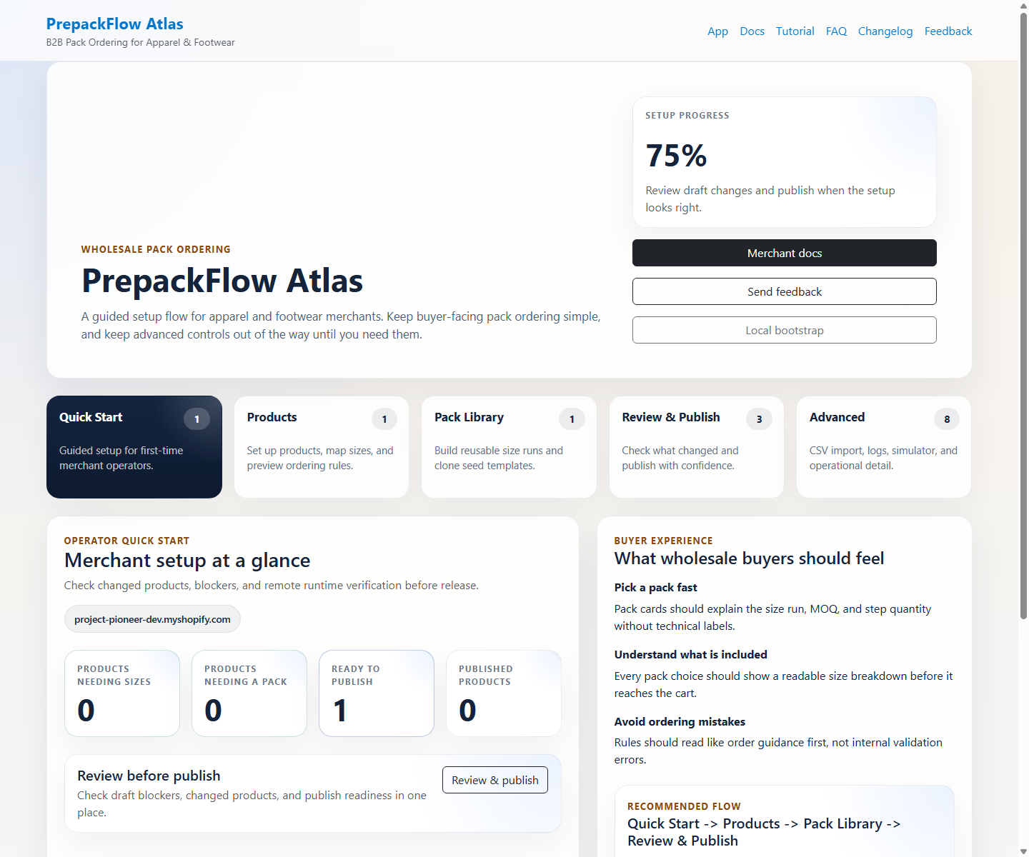 PrepackFlow Atlas quick start workspace for first-run setup.