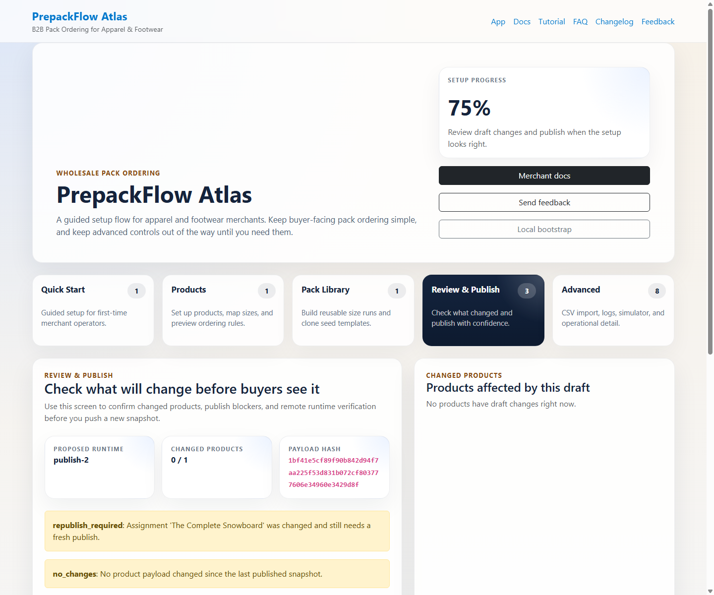 PrepackFlow Atlas review and publish workspace with publish readiness cards.